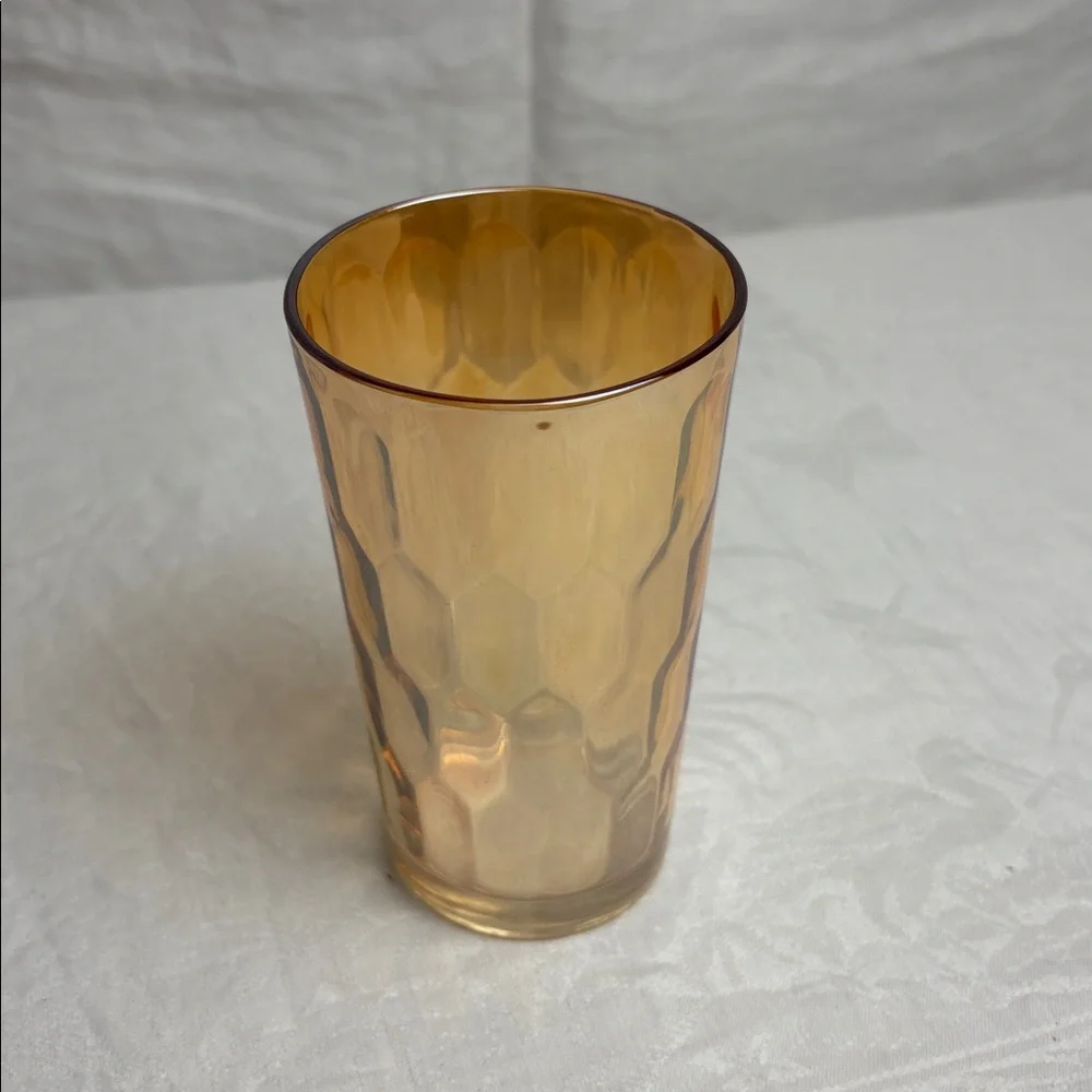 Vintage Jeanette Iridescent Marigold Carnival Glass Pitcher and 6 Tumblers